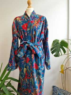 Velvet House Robe Unisex Kimono in Turquoise Bird - Image 3