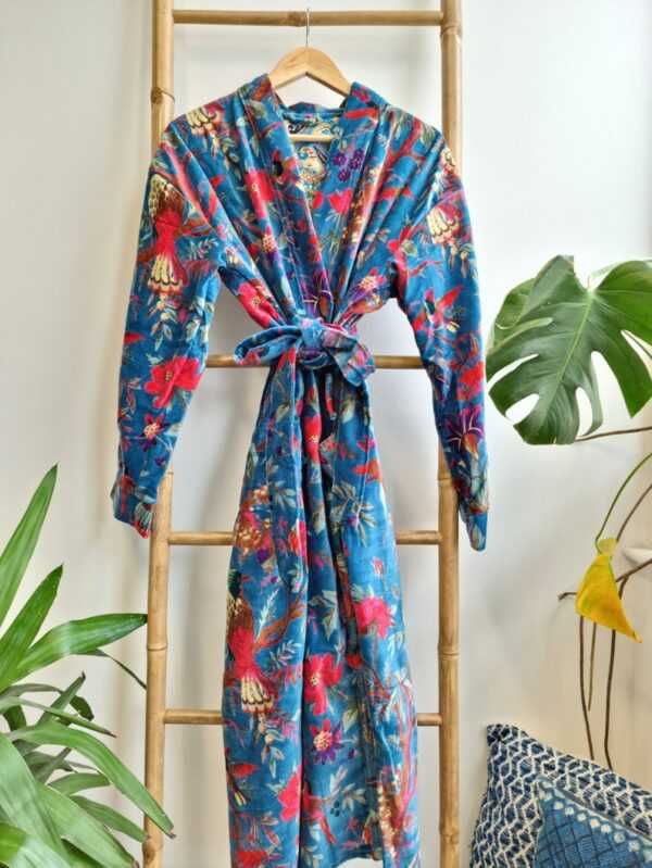 Velvet House Robe Unisex Kimono in Turquoise Bird