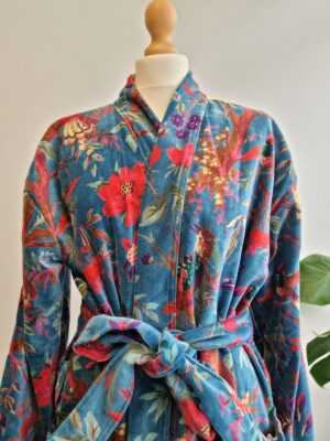 Velvet House Robe Unisex Kimono in Turquoise Bird - Image 4