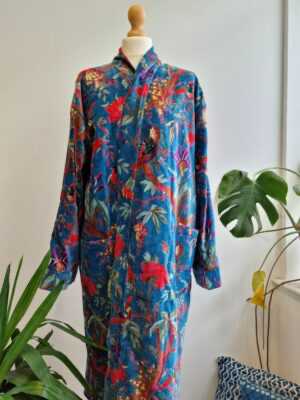 Velvet House Robe Unisex Kimono in Turquoise Bird - Image 5
