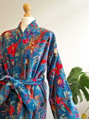 Velvet House Robe Unisex Kimono in Turquoise Bird - Image 6