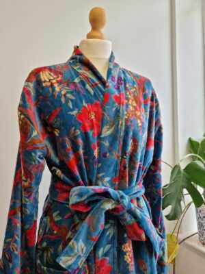 Velvet House Robe Unisex Kimono in Turquoise Bird - Image 7
