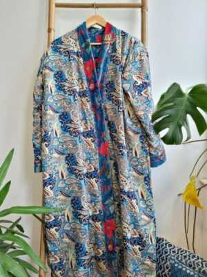 Velvet House Robe Unisex Kimono in Turquoise Bird - Image 9