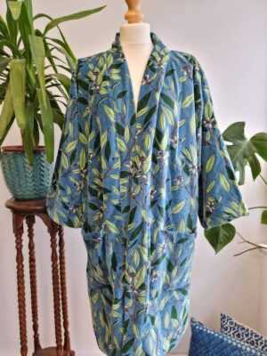 Luxury Velvet Short House Robe Unisex Kimono Boho Jacket Reversible Silk Blend Lined | Autumn Winter Christmas Gift Steel Blue Green Leaves - Image 2