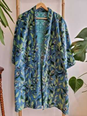 Luxury Velvet Short House Robe Unisex Kimono Boho Jacket Reversible Silk Blend Lined | Autumn Winter Christmas Gift Steel Blue Green Leaves - Image 3
