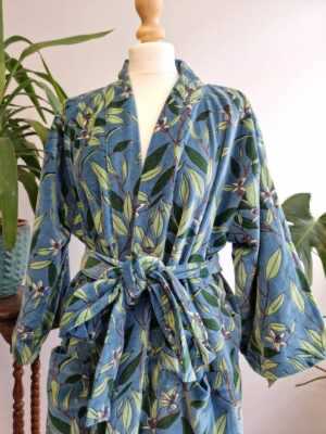 Luxury Velvet Short House Robe Unisex Kimono Boho Jacket Reversible Silk Blend Lined | Autumn Winter Christmas Gift Steel Blue Green Leaves - Image 4