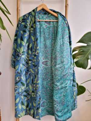 Luxury Velvet Short House Robe Unisex Kimono Boho Jacket Reversible Silk Blend Lined | Autumn Winter Christmas Gift Steel Blue Green Leaves - Image 5