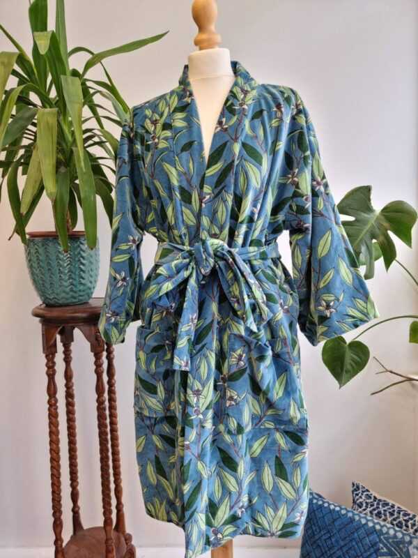 Luxury Velvet Short House Robe Unisex Kimono Boho Jacket Reversible Silk Blend Lined | Autumn Winter Christmas Gift Steel Blue Green Leaves