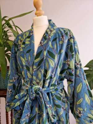 Luxury Velvet Short House Robe Unisex Kimono Boho Jacket Reversible Silk Blend Lined | Autumn Winter Christmas Gift Steel Blue Green Leaves - Image 6