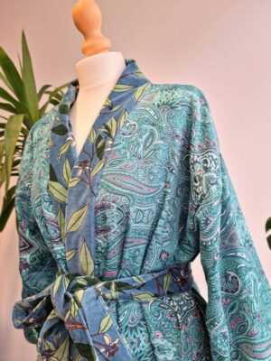 Luxury Velvet Short House Robe Unisex Kimono Boho Jacket Reversible Silk Blend Lined | Autumn Winter Christmas Gift Steel Blue Green Leaves - Image 7