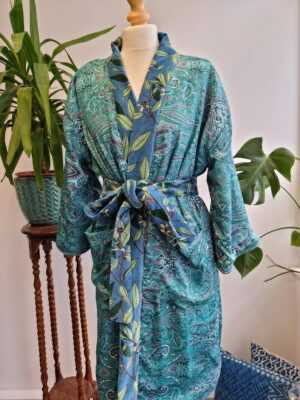 Luxury Velvet Short House Robe Unisex Kimono Boho Jacket Reversible Silk Blend Lined | Autumn Winter Christmas Gift Steel Blue Green Leaves - Image 8