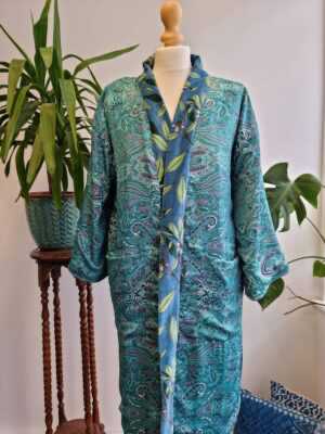 Luxury Velvet Short House Robe Unisex Kimono Boho Jacket Reversible Silk Blend Lined | Autumn Winter Christmas Gift Steel Blue Green Leaves - Image 9