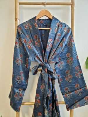 Men's Silk Mashru Ajrakh Handprinted Boho Kimonos | Man House Beach Artist Robe | Faded Denim Blue Black Red - Image 2