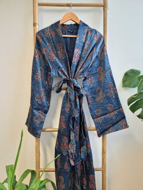 Men's Silk Mashru Ajrakh Handprinted Boho Kimonos | Man House Beach Artist Robe | Faded Denim Blue Black Red