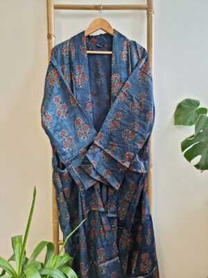 Men's Silk Mashru Ajrakh Handprinted Boho Kimonos | Man House Beach Artist Robe | Faded Denim Blue Black Red - Image 3