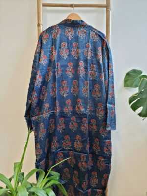 Men's Silk Mashru Ajrakh Handprinted Boho Kimonos | Man House Beach Artist Robe | Faded Denim Blue Black Red - Image 4