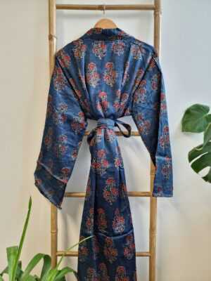Men's Silk Mashru Ajrakh Handprinted Boho Kimonos | Man House Beach Artist Robe | Faded Denim Blue Black Red - Image 5