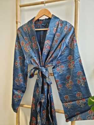 Men's Silk Mashru Ajrakh Handprinted Boho Kimonos | Man House Beach Artist Robe | Faded Denim Blue Black Red - Image 6