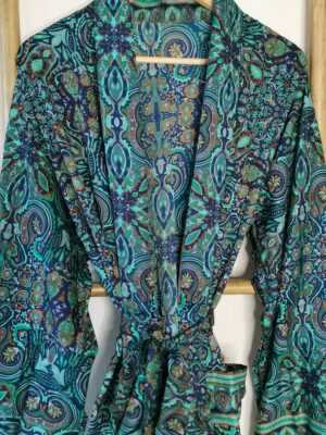 Men's Silk Boho Kimonos in Digital Turquoise Aqua Sea Wonder - Image 2