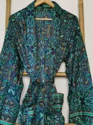 Men's Silk Boho Kimonos in Digital Turquoise Aqua Sea Wonder - Image 4