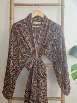 Men's Silk Boho Kimonos in Black Rust Beige Paisley - Image 3