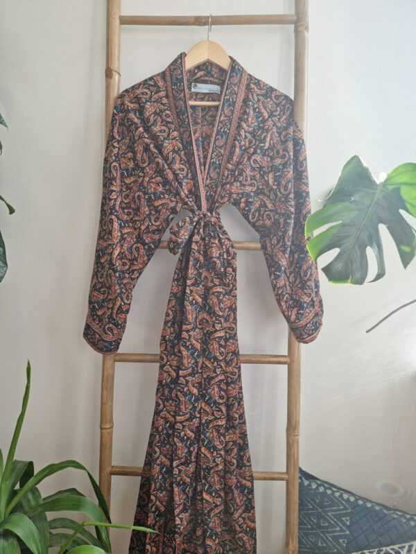 Men's Silk Boho Kimonos in Black Rust Beige Paisley