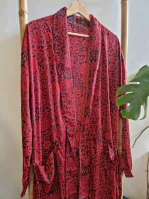 Men's Silk Boho Kimonos in Black Romance Red Floral - Image 4