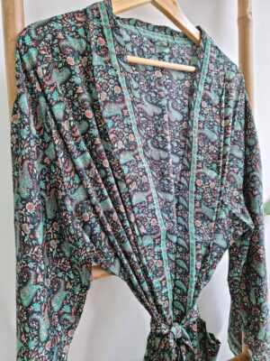 Men's Silk Boho Kimonos in Black Turquoise Paisley - Image 3