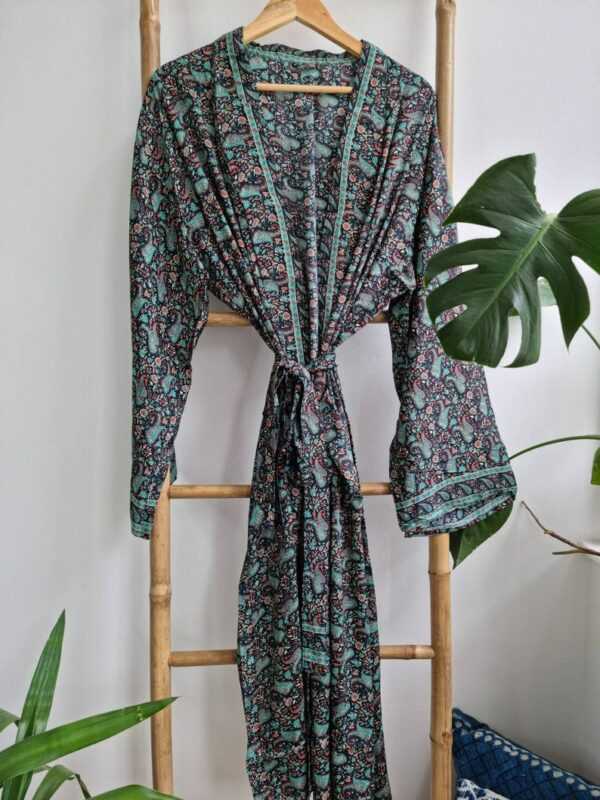 Men's Silk Boho Kimonos in Black Turquoise Paisley