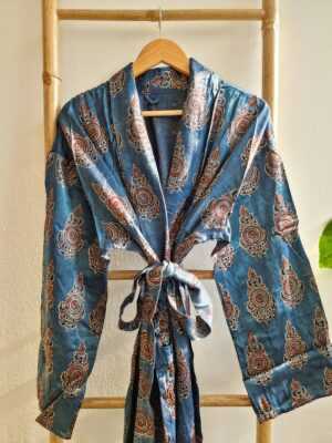 Men's Silk Mashru Ajrakh Handprinted Boho Kimonos in Faded Denim Blue Black Red - Image 2