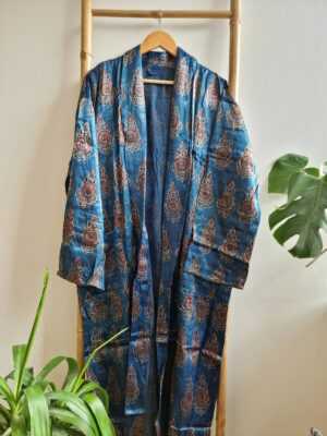 Men's Silk Mashru Ajrakh Handprinted Boho Kimonos in Faded Denim Blue Black Red - Image 3
