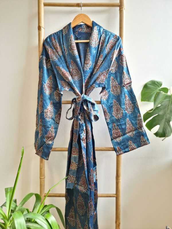 Men's Silk Mashru Ajrakh Handprinted Boho Kimonos in Faded Denim Blue Black Red