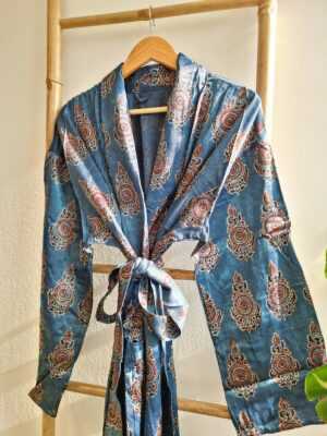 Men's Silk Mashru Ajrakh Handprinted Boho Kimonos in Faded Denim Blue Black Red - Image 4