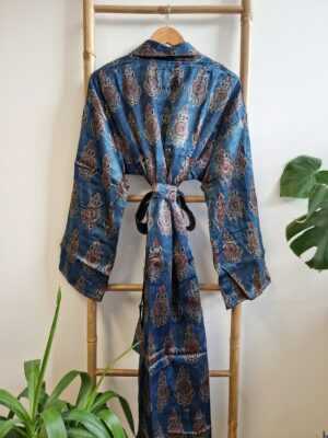 Men's Silk Mashru Ajrakh Handprinted Boho Kimonos in Faded Denim Blue Black Red - Image 5