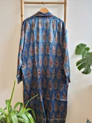 Men's Silk Mashru Ajrakh Handprinted Boho Kimonos in Faded Denim Blue Black Red - Image 6