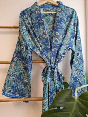 Men's Silk Boho Kimonos Man in Turquoise Sea Ocean Blue Aqua - Image 3