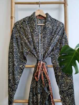 Men's Silk Boho Kimonos Man in Black Beige Monochrome Magic - Image 3