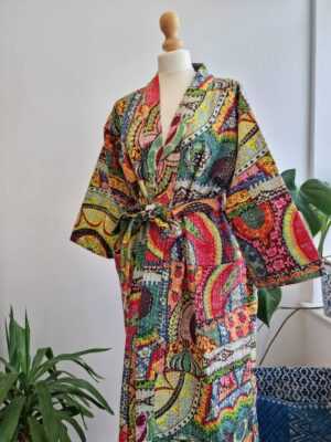 Kantha Cotton Boho Long Reversible Kimono in Yellow Botanical Garden - Image 6
