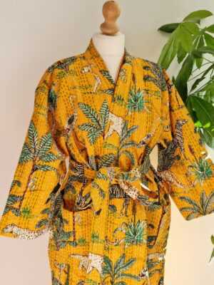 Kantha Cotton Long Reversible Kimono in Sunshine Yellow - Image 2