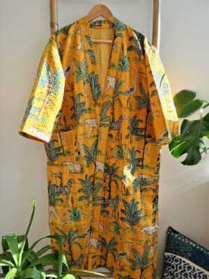 Kantha Cotton Long Reversible Kimono in Sunshine Yellow - Image 3