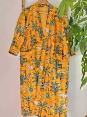 Kantha Cotton Long Reversible Kimono in Sunshine Yellow - Image 4