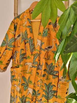 Kantha Cotton Long Reversible Kimono in Sunshine Yellow - Image 5