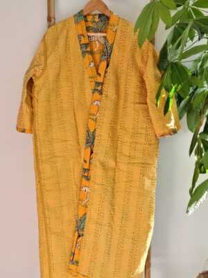 Kantha Cotton Long Reversible Kimono in Sunshine Yellow - Image 6