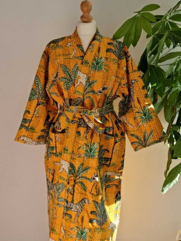 Kantha Cotton Long Reversible Kimono in Sunshine Yellow