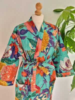 Kantha Cotton Long Reversible Kimono in Floral Gardenia - Image 2