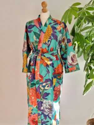 Kantha Cotton Long Reversible Kimono in Floral Gardenia - Image 3