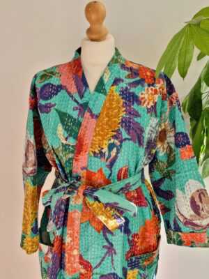 Kantha Cotton Long Reversible Kimono in Floral Gardenia - Image 4