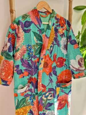 Kantha Cotton Long Reversible Kimono in Floral Gardenia - Image 5