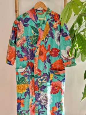 Kantha Cotton Long Reversible Kimono in Floral Gardenia - Image 6