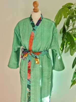 Kantha Cotton Long Reversible Kimono in Floral Gardenia - Image 7